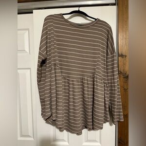 ARULA Taupe and White Striped Long Sleeve Top